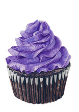 Delicious Blueberry Cream Chocolate Cake. Sweet Yummy Cupcake. Isolated Watercolor Illustration Cake On A White Background.Sugary Food. Purple Colored Butter Cream And Dark Chocolate.