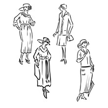 Vintage Vector People Set. Fashion Style Set. Group Of Retro Woman And Man. Style, Sketch Style, Engravings With People