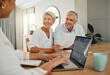Retirement, savings and couple planning finance, insurance and investments in living room. Man and woman and seniors communication, talking and discuss wealth with internet banking and laptop at home