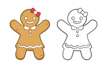Gingerbread Girl Cookie Outline And Colored Doodle Cartoon Illustration Set. Winter Christmas Food Theme Coloring Book Page Activity For Kids.