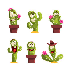 Canvas Print - Cute Green Cactus in Pot as Funny Prickly Plant with Face Expression Vector Set