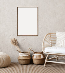 Wall Mural - Blank picture frame mockup on a white wall. Portrait orientation. Artwork template mock up in interior design. View of modern boho style interior with chair.