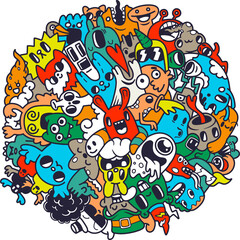 Wall Mural -  PNG, illustration of Funny monsters circle shape pattern  Hand drawing Doodle Halloween