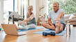 © Kirsten D/peopleimages.com - Meditation, senior couple and tutorial exercise for workout, training and health for wellness and relax at home. Retirement, man and woman streaming with laptop to do yoga, fitness and stretching.