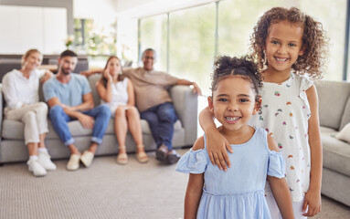 Girl, kids and smile in home living room on holiday together with parents blurred in family portrait. Friends, cousin and family in lounge happy embrace with mother and dad on sofa behind in Toronto