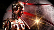 © DRN Studio - Red metallic basketball and detailed appearance of the gold AI Robot with orange flash flare light. Concept 3D CG of sports technology, meticulous strategy and charismatic director.