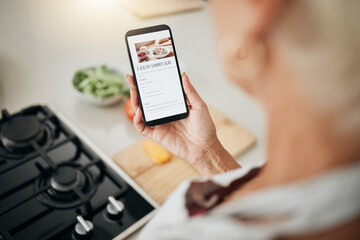 Recipe, cooking and healthy food list on a phone screen with a woman to cook in a kitchen home. Nutritionist person ready to start health, nutrition and vegetables for a meal using mobile technology