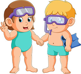 Canvas Print - The boy and girl is wearing the flippers and goggles for diving