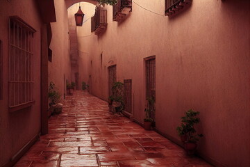 Wall Mural - Medieval old spanish or italy village street, terracotta colors, narrow streets