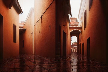 Wall Mural - Medieval old spanish or italy village street, terracotta colors, narrow streets