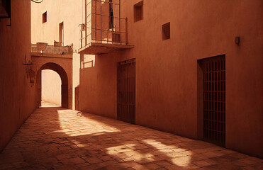 Wall Mural - Medieval old spanish or italy village street, terracotta colors, narrow streets