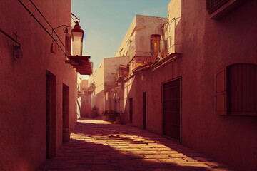 Wall Mural - Medieval old spanish or italy village street, terracotta colors, narrow streets