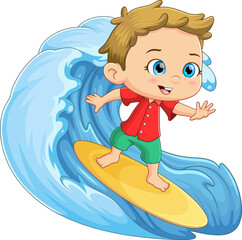 Sticker - The brave boy is playing a surfboard at beach with a big wave