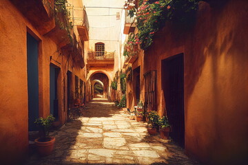 Wall Mural - Medieval old spanish or italy village street, terracotta colors, narrow streets