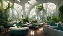 Futuristic Indoor Botanical Garden Spectacular Design 3D Illustration With Summer Floral And Foliage