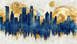 Spectacular blue and golden abstract city background on white background, water color with gold dust sparkling, glistening on the spiral cloud. Digital art 3D illustration.