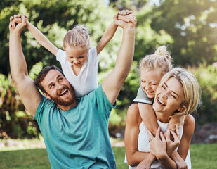 love, happy and family playing in a park, laugh and relax while having fun together. freedom, kids a