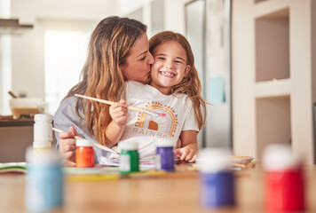 mother, child and painting art in home using paint brush for creative activity for learning, bonding