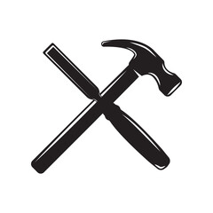 Vintage carpentry woodword mechanic hammer chisel cross. Can be used like emblem, logo, badge, label. mark, poster or print. Monochrome Graphic Art. Vector