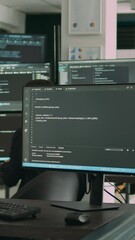 Vertical video: Software developer programming source code algorithm on computer, typing sever data in agency office. Database programer working on new user interface with online system to create