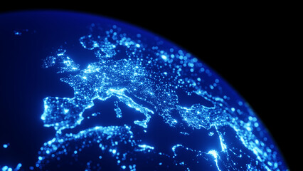 Wall Mural - planet earth glowing at night viewed from space. shining city lights in europe, concept about techno
