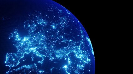 Wall Mural - planet earth glowing at night viewed from space. shining city lights in europe, concept about techno