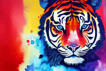  Tiger. Asian animal. Print for clothing. Neon, colorful illustration of wild cat.