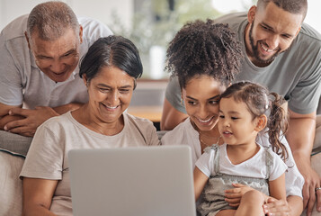 Poster - Family laptop, child internet and grandparents watching funny video with children on the sofa in home living room and happy with comedy film. Girl streaming show with parents and senior people