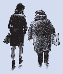 Wall Mural - Hand drawing of two townswomen walking along street on winter day