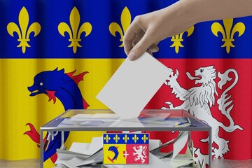 Wall Mural - Rhone-Alpes flag, hand dropping ballot card into a box - voting/ election concept - 3D illustration