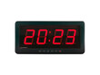 © andy0man - red led light numbers 2023 illuminated on black digital electric alarm clock display isolated on white background, led sign showing time symbol concept for new year countdown