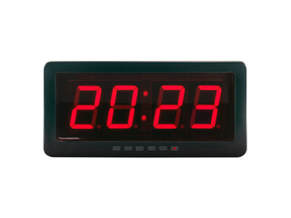 red led light numbers 2023 illuminated on black digital electric alarm clock display isolated on white background, led sign showing time symbol concept for new year countdown