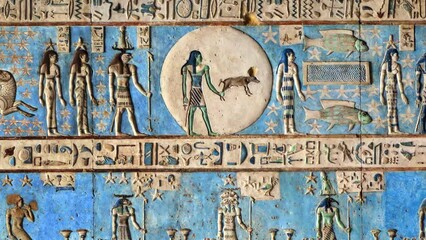 Wall Mural - Hieroglyphic carvings and paintings on the interior walls of an ancient egyptian temple in Dendera, zoom out