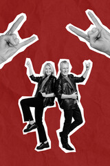 Poster - Vertical collage picture of two big arms black white effect demonstrate heavy metal gesture aged people dancing isolated on red background