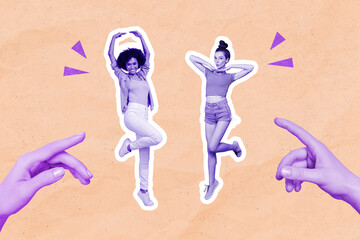 Wall Mural - Composite collage illustration of two big arms fingers point mini girls have fun dance isolated on creative background