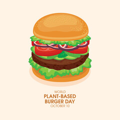 Wall Mural - World Plant-based Burger Day vector. Delicious fresh vegan burger with vegetables icon vector. Big vegetarian burger drawing. October 10. Important day