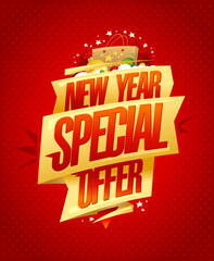 Wall Mural - New year special offer, holiday sale web banner or flyer mockup with golden ribbon