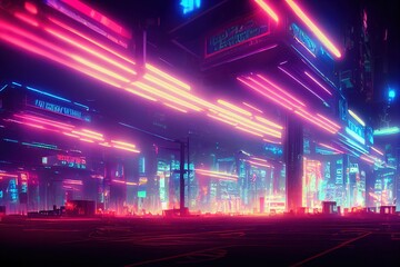 Beautiful cyberpunk background with glowing neon lights. Sci-fi city design.