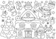 © Lexi Claus - Vector Christmas horizontal line coloring page for kids with cute kawaii characters. Black and white winter holiday illustration with house, snowman, Santa Claus. Funny searching poster.