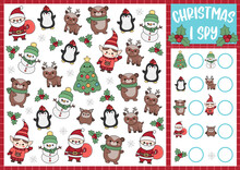 Christmas I Spy Game For Kids. Searching And Counting Activity With Cute Kawaii Holiday Symbols. Winter Printable Worksheet For Preschool Children. Simple New Year Spotting Puzzle With Fir Tree
