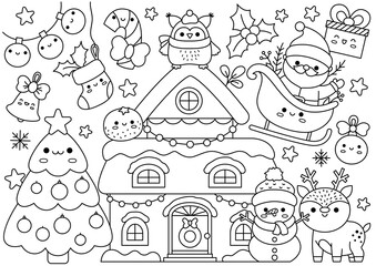 Wall Mural - Vector Christmas horizontal line coloring page for kids with cute kawaii characters. Black and white winter holiday illustration with house, snowman, Santa Claus. Funny searching poster.