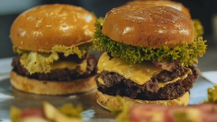 Wall Mural - Closeup of a juicy cheeseburger.