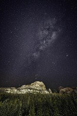 Poster - Dramatic scenery of a beautiful sky covered in flashy stars and clouds in a rural area