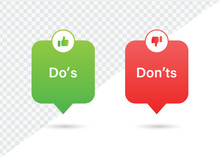 Dos And Donts Icons Speech Bubble; Like Thumbs Up Or Thumb Down Label Banner. Like Or Dislike Icon - Do's And Don'ts Frames - True Or False - Dos And Dont Signs