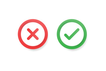 3d check mark icon button, green tick and red cross signs symbols. check box frame - yes or no 3d checkmark icons buttons, right, wrong, approved, rejection sign vector illustration