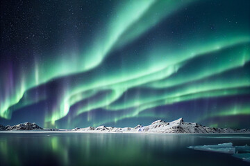 beautiful arctic seascape with polar lights 3d art work spectacular nature background. magnificent a