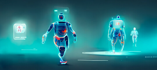 Wall Mural - robot android men running . Futuristic hologram scan, 3D x-ray Body in HUD style. Healthcare vector illustration ,