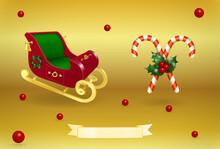 Santa Claus Red Golden Color Empty Toy Sleigh And Striped Cane Candies With Flying Or Falling Holly Barries On Gold Gradient Background. Christmas And New Year Realistic 3D Design.