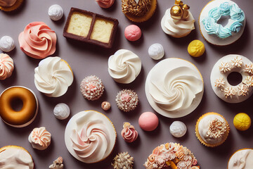 Wall Mural - A collection of small cakes and confectionery on display, flatlay top down view. Iced and delicious.