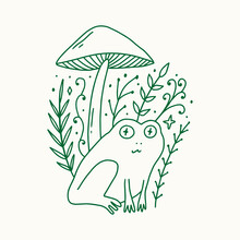 Groovy Mushroom Hippie Frog Or Toad And Mushroom Vector And Jpg Printable Image, Unique Boho Clipart Illustration, Goblincore, Witchcore, Fairycore Trendy Aesthetic Style. Perfect For Poster Or